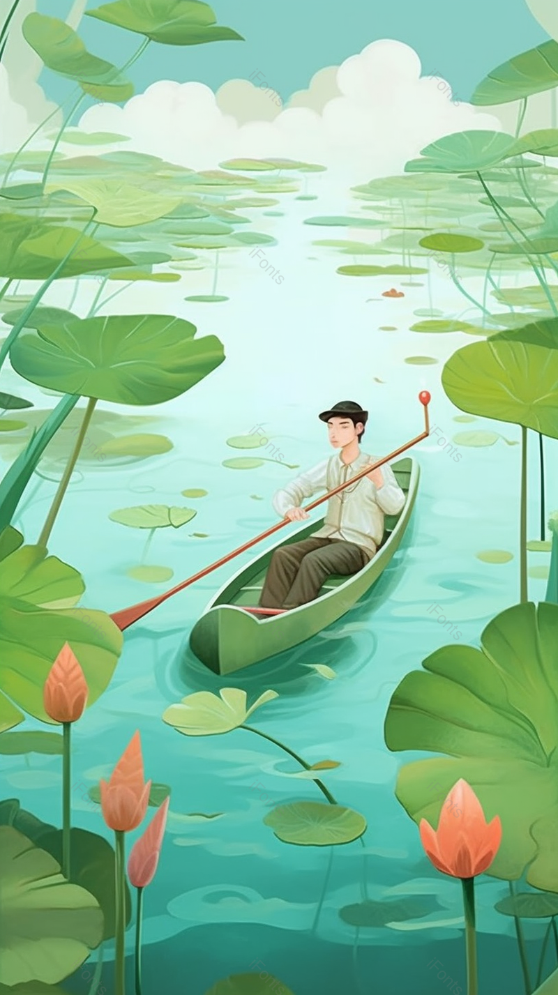 僻静绿色的夏天划船在荷叶荷花盛开的池塘里玩耍,插画/手绘图,插画/手绘图库,插画/手绘图下载,插画/手绘